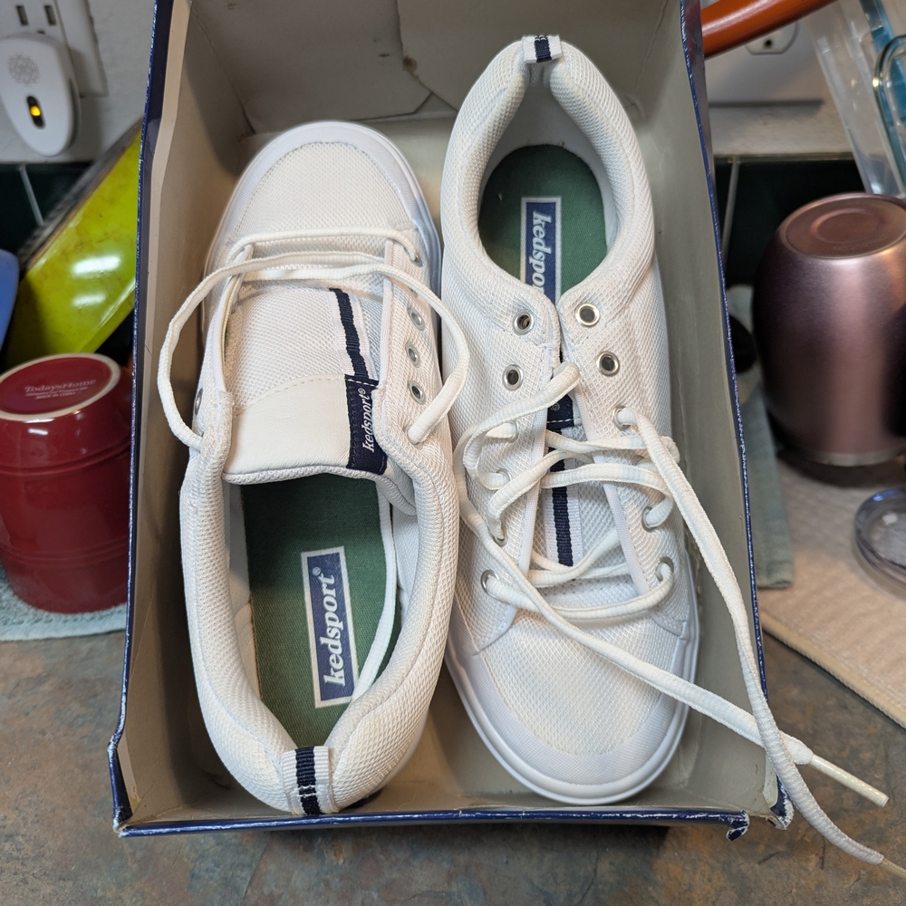 Keds White Canvas Sneakers with Navy Stripe